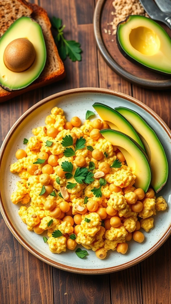 A colorful plate of vegan chickpea scrambled eggs with avocado and herbs on a rustic table.